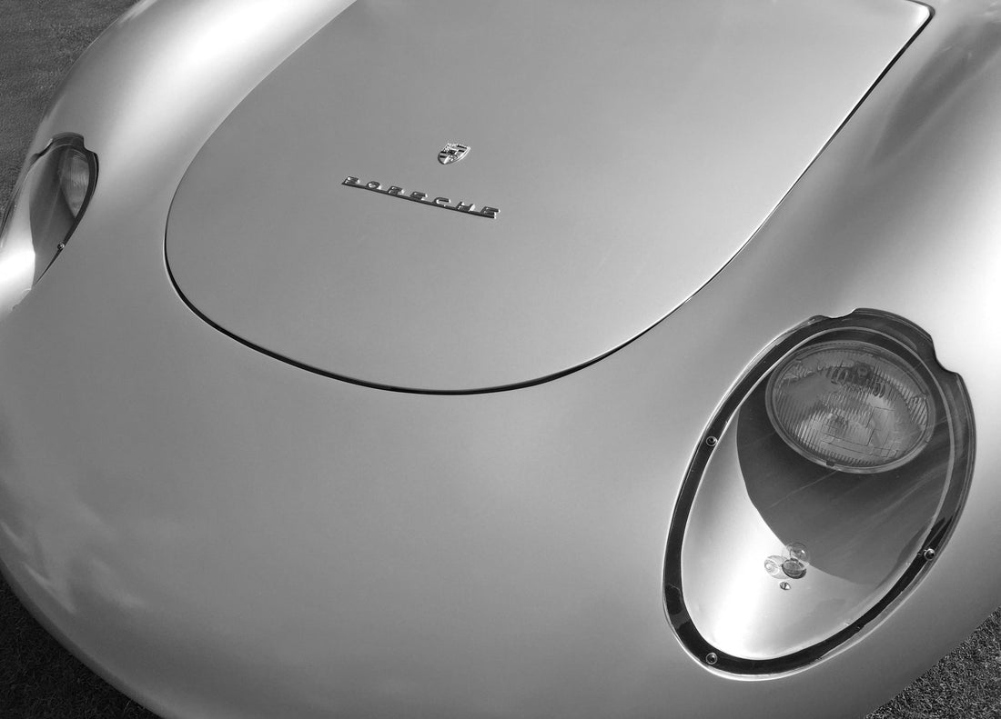 Black and white photo of 1959 Porsche 718 RSK taken at a Concours event.