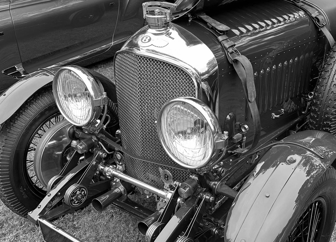 Bentley 4 1/2 Litre engine in black and white format, taken at a Concours event.