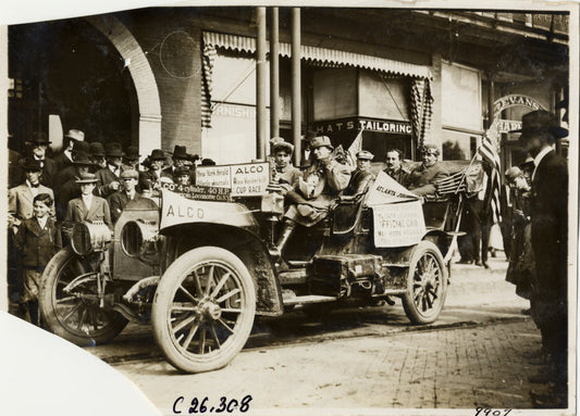 Motorists posing in Alco official car in front of the Hotel Chiquola at Anderson, South Carolina during the 1909 Good Roads Tour